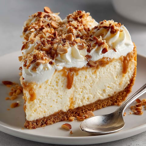 A slice of cheesecake with caramel drizzled on top.