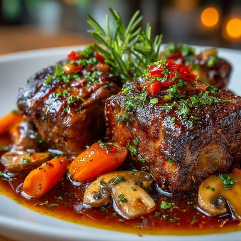 A plate of meat with carrots and mushrooms.