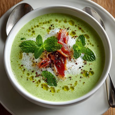 A bowl of soup with a slice of bacon and mint leaves.