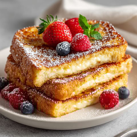 A stack of French toast with strawberries and blueberries on top.