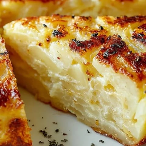 La tortilla española ligera recién hecha, lista para cortar en cuñas para servir.