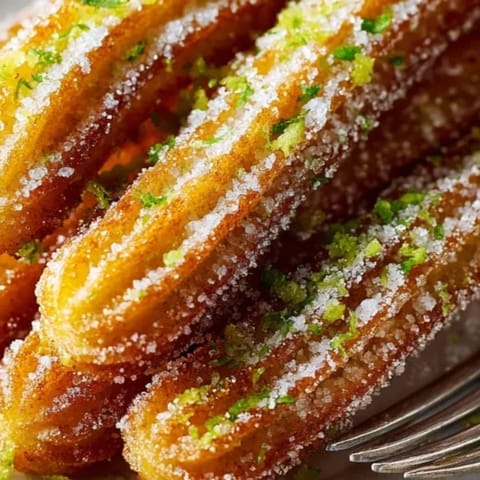 Vista cercana de un plato de cálidos churros de limón espolvoreados con azúcar y limón.