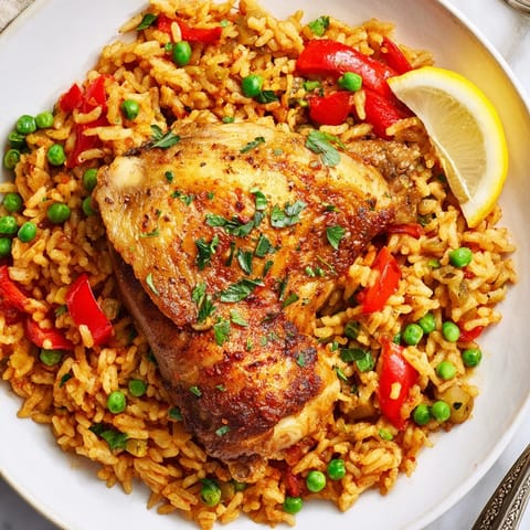 Pollo y arroz español fácil: muslos de pollo jugosos sobre un aromático lecho de arroz.