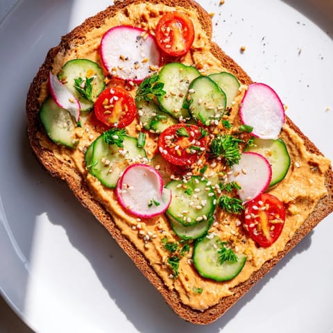 Tostadas doradas cubiertas con rico hummus de pimiento rojo asado, merienda mediterránea fácil.