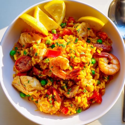 Un primer plano de un plato casero de paella con pollo, gambas, chorizo y verduras.