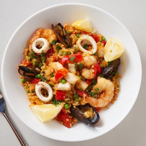 Paella de mariscos con azafrán: un primer plano del arroz cocido, mejillones y camarones.