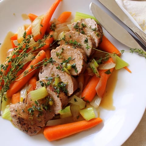 Jugosas lonchas de Sherry-Braised Pork Tenderloin descansan sobre zanahorias y cebollas caramelizadas.