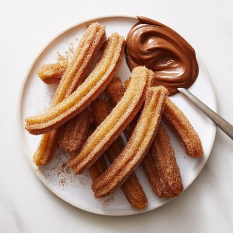 Deliciosos churros caseros con una decadente salsa de chocolate y calabaza y canela.