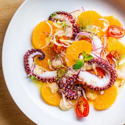 Primer plano de una refrescante ensalada mediterránea de pulpo y naranja con hierbas frescas.