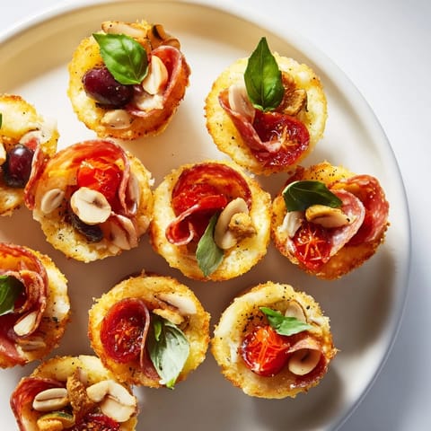 Elegant appetizer featuring Manchego cracker cups, savory chorizo, and drizzled honey.  