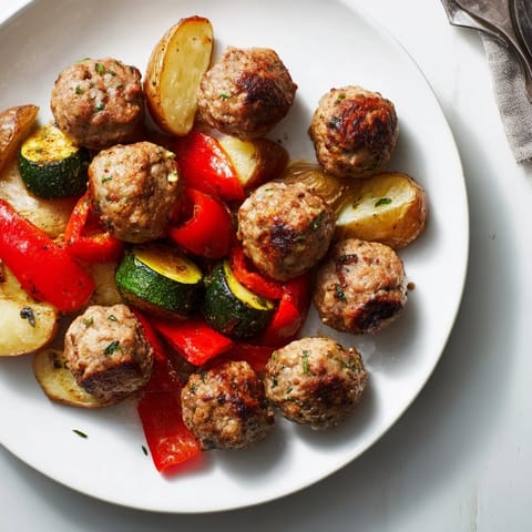 Bolas de albóndigas jugosas con papas doradas, un plato familiar irresistible.  