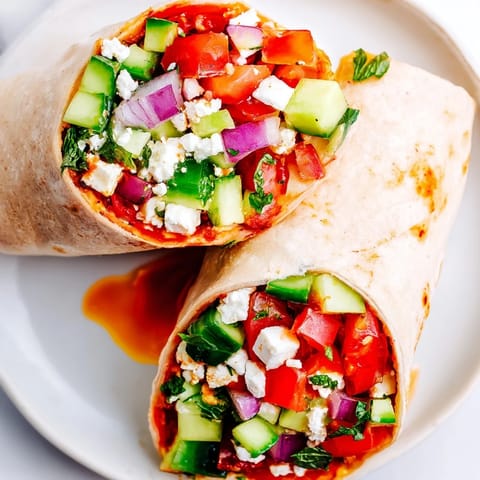 Envoltorios vibrantes de gazpacho con pepino, tomate y queso feta desmenuzado.  