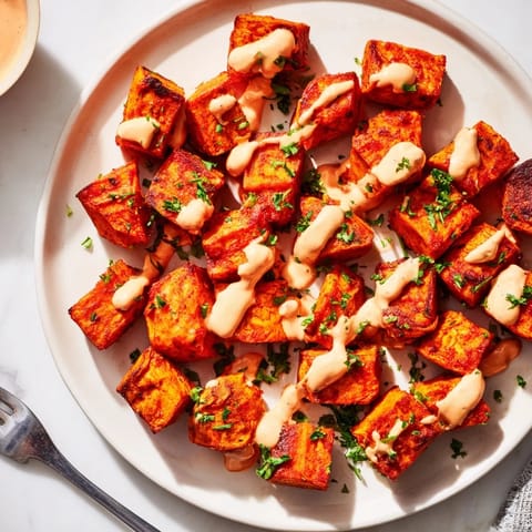 Deliciosas Patatas Bravas de batata, cubiertas con alioli y salsa de tomate.  