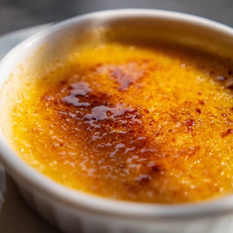 Ramequines de crema catalana, un clásico español con sabor a cítricos, listo para servir.  