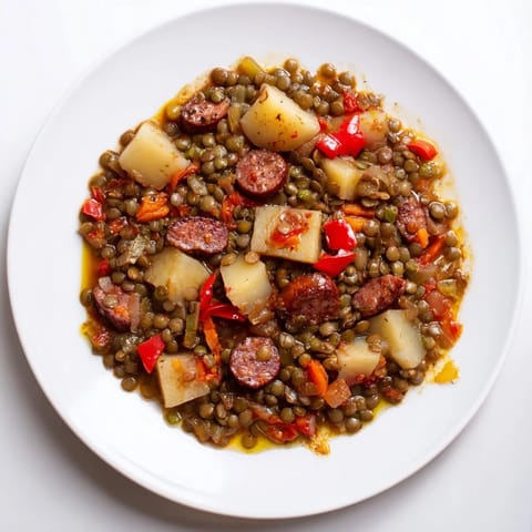 Este estofado de lentejas y chorizo ofrece sabores ahumados; un plato principal español para cenar.