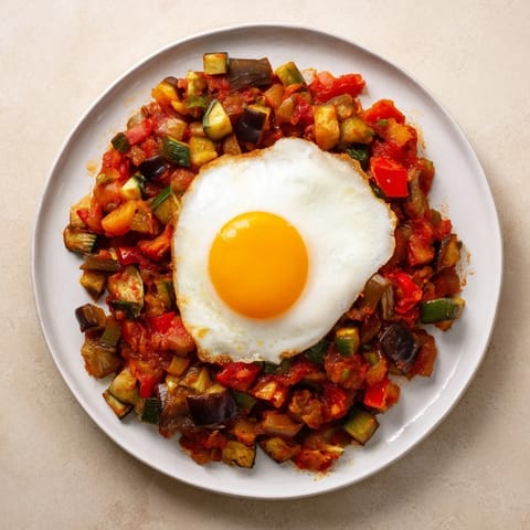 Hearty pisto with a fried egg; a flavorful Spanish vegetable dish perfect for a light supper.