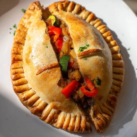 Warm, appetizing Empanada Gallega de Verduras, filled with colorful, perfectly seasoned vegetables.