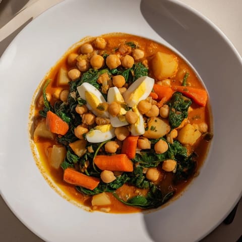 This Creamy Garbanzos with Spinach Stew showcases a close-up of tender chickpeas and fresh spinach, ready to serve.