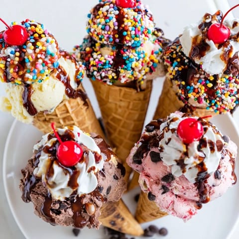 Ice cream cone grazing board overflowing with colorful toppings and fresh fruit for a party.