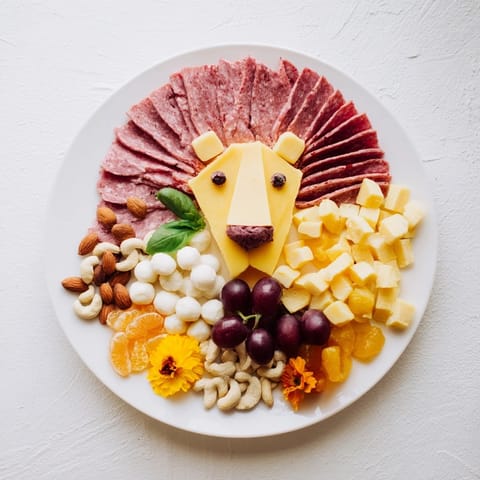 An inviting Lion King Savory Meat and Cheese Platter, bursting with colorful, fresh ingredients.