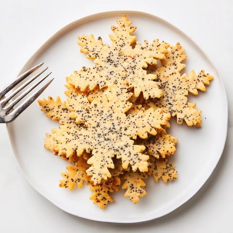 Buttery snowflake cutout gourmet crackers beautifully arranged on a cheese board for holiday snacking.