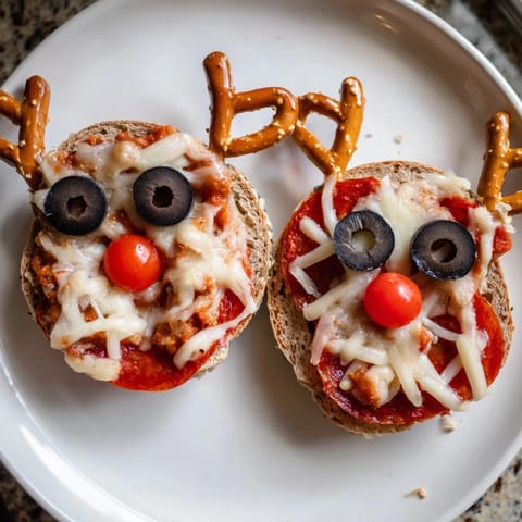 Homemade Reindeer Face Pizza Bagels, a delicious and cheesy kid-friendly meal option.