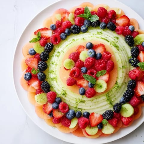 This fresh fruit platter features beautifully arranged melon and berries, perfect for summer eating.