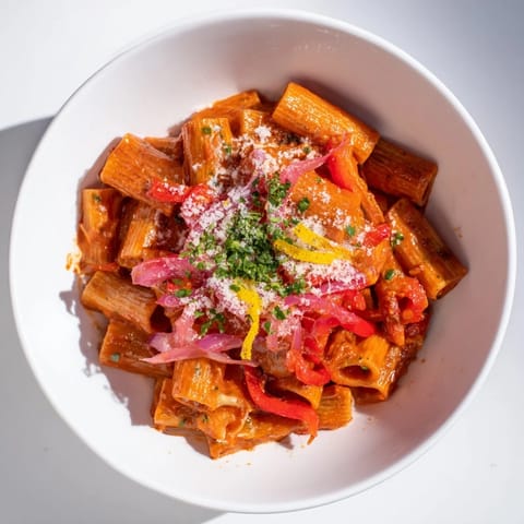 Close-up of the finished one-pot Diavola spicy pasta, showcasing red pepper and fresh herbs.