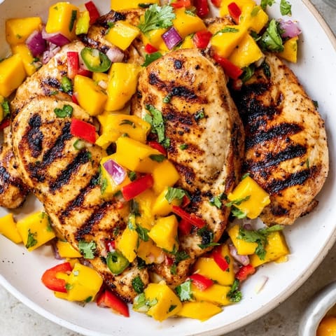 Vibrant Grilled Mango Salsa Chicken served, showcasing juicy chicken and a fresh, diced salsa topping.