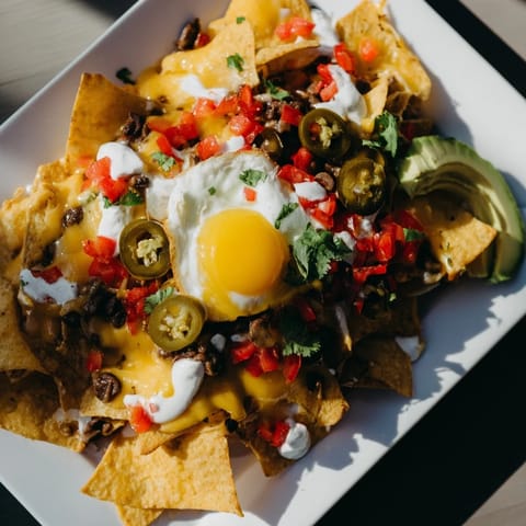 This image shows Egg-Topped Breakfast Nachos with sunny-side-up eggs, a vibrant, savory morning meal.