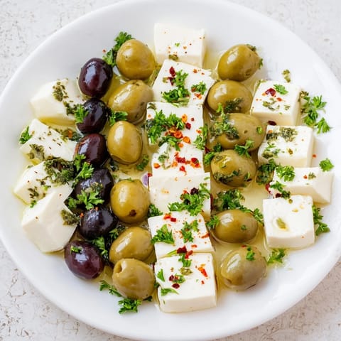 Delicious Turkish Olives & Cheese Board featuring brined olives, with feta, white cheese, and warm pita.