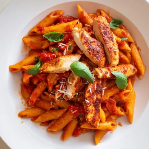 A steaming bowl of Spicy Tomato Chicken Pasta, offering savory aromas and a delicious bite.