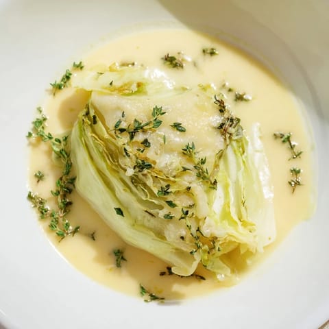 Herby Cabbage in Parmesan Broth served warm with a spoon and fresh herbs.
