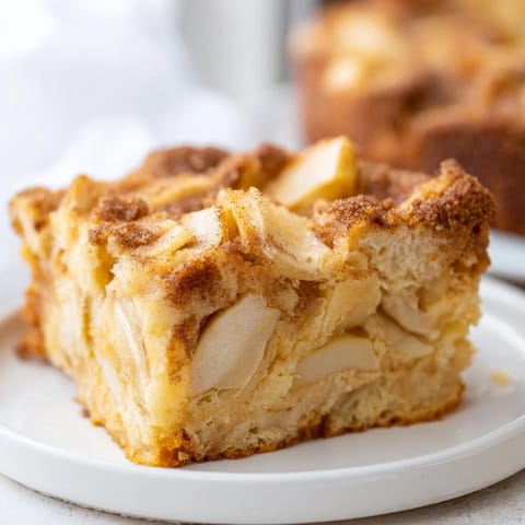 Hearty Baked Apple Cake served on a wooden board, golden crumb and soft apples baked to perfection.