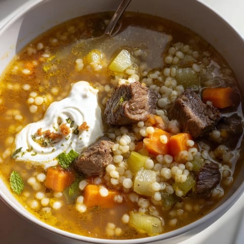 La sopa de cebada y res se sirve con pan fresco, lentejas tiernas y hierbas verdes frescas.