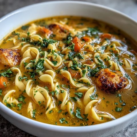 Ginger Turmeric Chicken Soup servida con un chorrito de leche de coco y perejil picado en un tazón aislado.