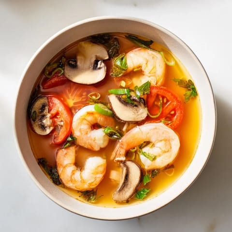 Un vapor aromático del Tom Yum Soup emerge de la olla con lemongrass y hojas de kaffir.