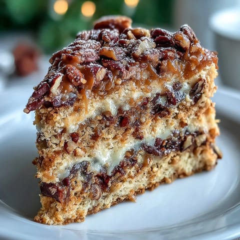Un trozo de Christmas Toffee Crunch Cake esponjoso con virutas de toffee brillantes y trozos de nuez tostada.