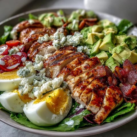 Sabroso Cobb Salad Bowl: pollo, tocino, huevo y queso azul sobre lechugas.