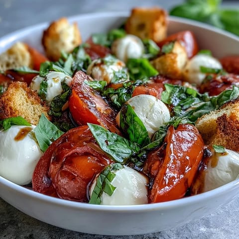Caprese Salad Bowl con trozos de pan crujiente y aderezo balsámico.