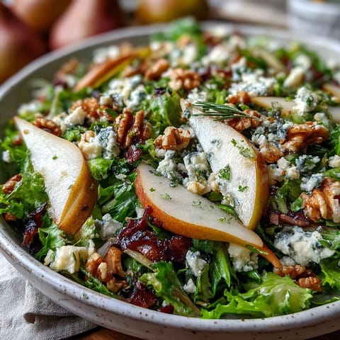 Frisée Pear Blue Cheese Bowl con peras dulces y crujientes trozos de prosciutto.