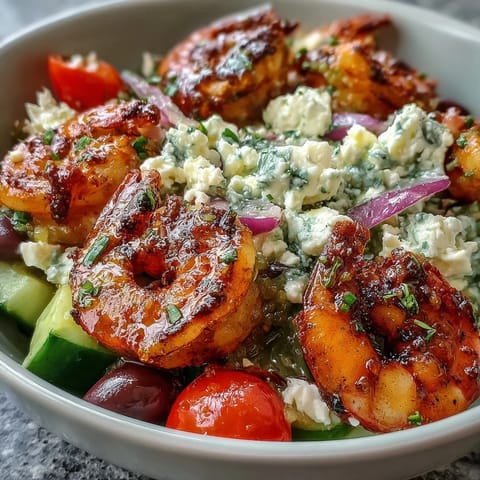 Camarones a la parrilla jugosos sobre una ensalada mediterránea colorida, perfecta para una comida fácil.