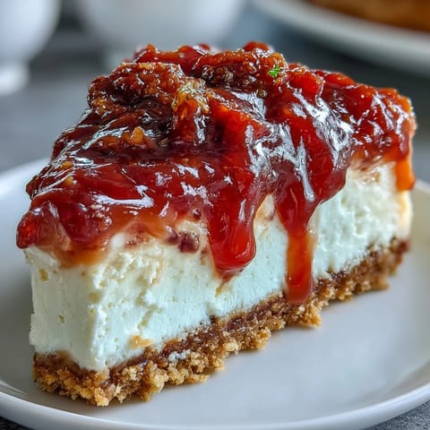 A no-bake Easy Guava Swirl Cheesecake topped with tropical guava marmalade swirls.  