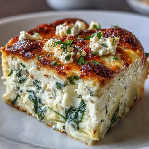 Cuchara sirviendo High Protein Spinach Artichoke Bake cremoso, con queso cottage y feta, sobre plato para cena familiar.