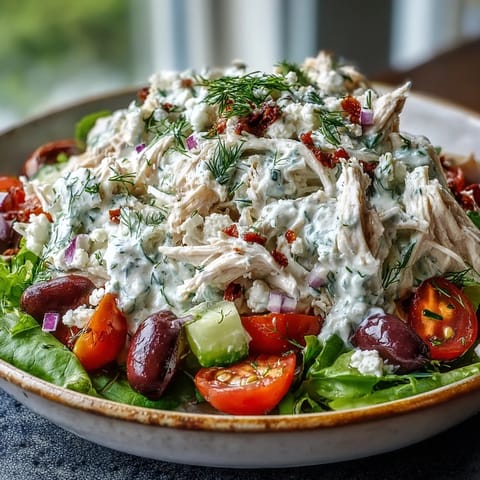 Plato principal de ensalada Tzatziki Chicken Salad con pollo desmenuzado, yogur griego, pepino, y tomates cherry.