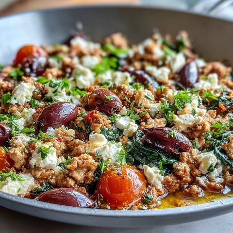 Pollo Molido Keto Mediterráneo con Olivas y Feta servido con tomates cherry, olivas kalamata y un chorrito de limón, ideal para cenas bajas en carbohidratos.