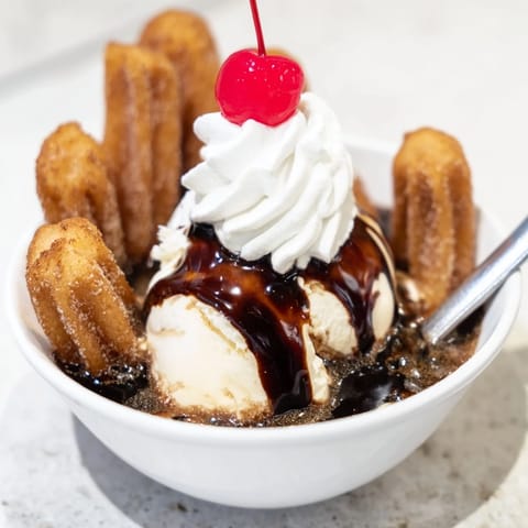 Decadent Rebel Float Churro Sundae topped with fizzy cola and chocolate drizzle.  