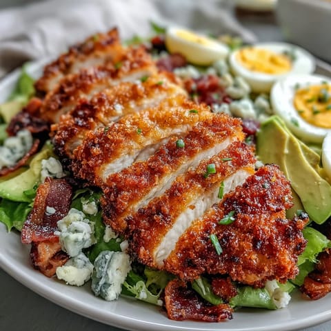 Cobb salad with Parmesan Crusted Chicken thighs, creamy avocado, and crispy bacon on a bed of fresh greens.