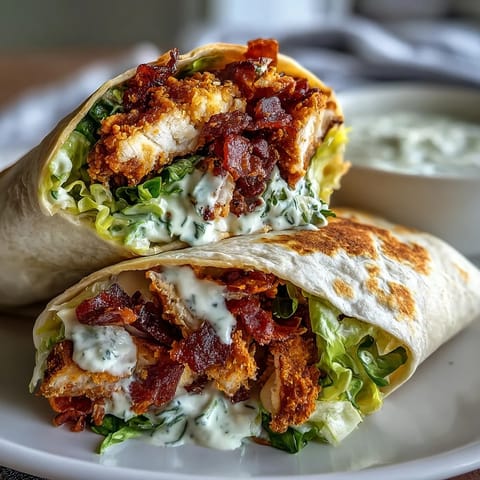 - Example: "Golden brown crispy chicken strips resting on a bed of crisp romaine leaves, topped with crunchy bacon bits and shaved Parmesan in a Caesar wrap."
