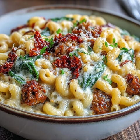 Delicioso Creamy Tuscan Chili Mac con tomates secos, lista para servir con pan crujiente.